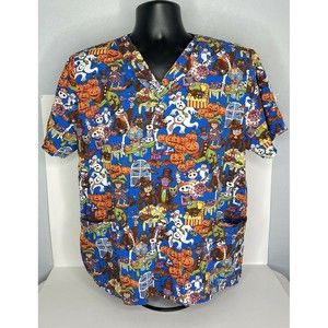 Halloween Nurse Scrubs Pumpkins Witches Ghosts Blue Top V-neck Black Size Medium